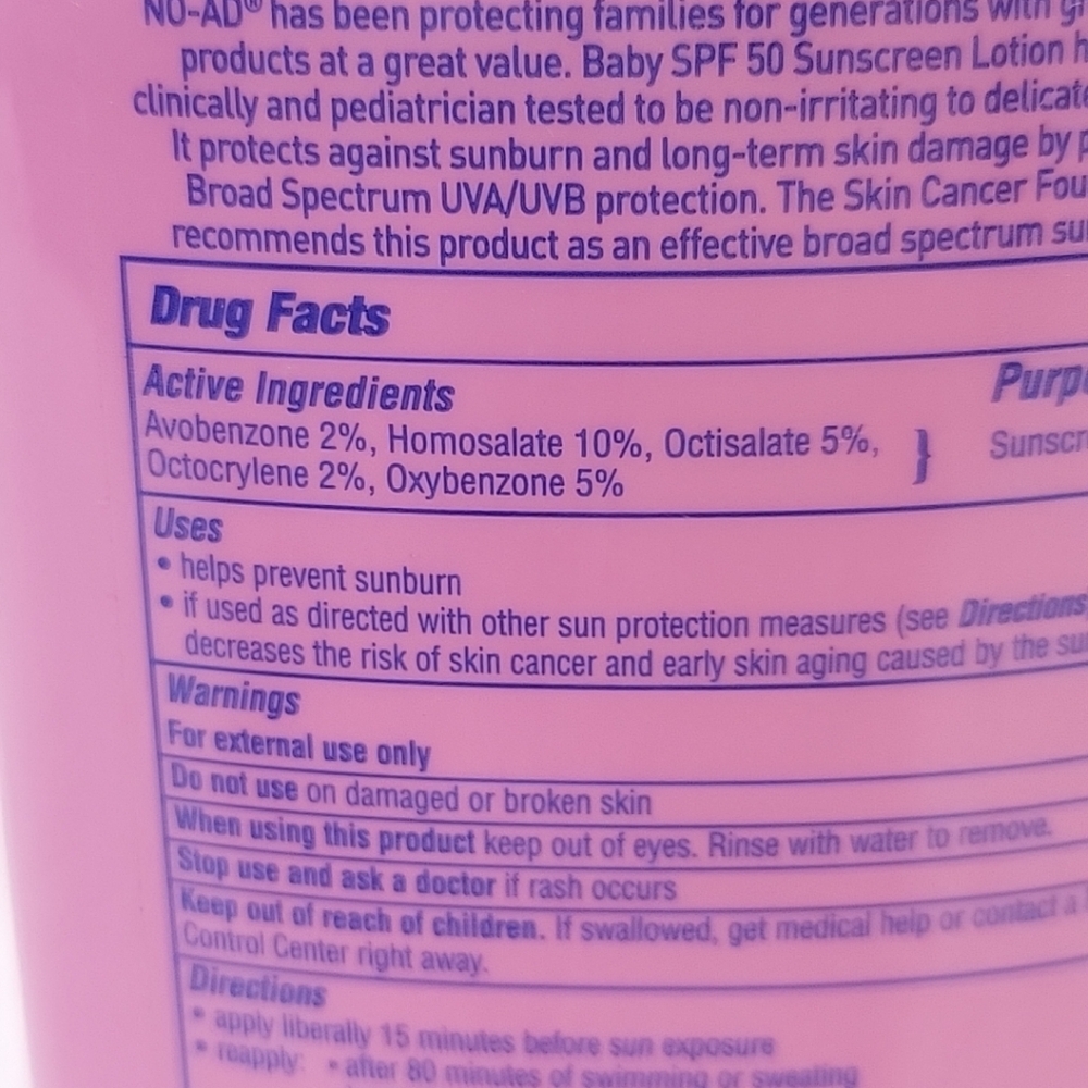 NO-AD Baby SPF 50, Sunscreen Lotion 13 fl oz, Expired 10/2021. - Picture 3 of 5